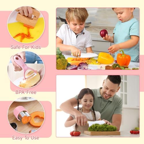 Suhctuptx Kids Knife Set for Real Cooking, Kids Kitchen Knives with Cutting Board Crinkle Cutters Cleaning Tools, Toddler Kitchen Toys Christmas Birthday Gifts for Girls Boy Age 2-10 - Image 4