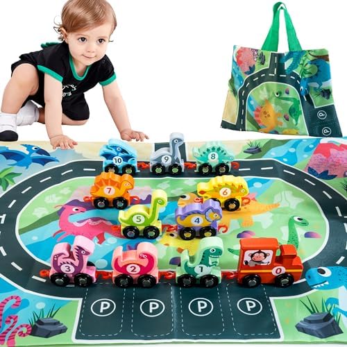 Dinosaur Toys for Toddlers Age 2-4, Wooden Dinosaur Train Set with Playmat/Storage Bag, Montessori Educational Toys for 2+ Years Old Boys & Girls by HELLOWOOD