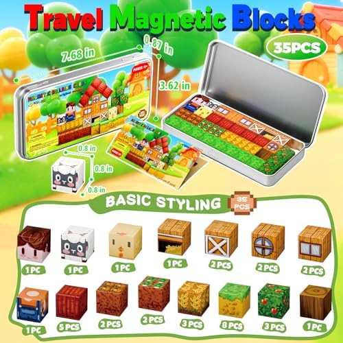 Farm Animal Magnetic Building Blocks Travel Toys, 35PCS Magnetic Cubes for Kids 3-8, Portable STEM Building Tiles with Metal Storage Box, Toddler Learning Toys for Ages 3-5，Fun Gifts, Classroom Prizes - Image 3