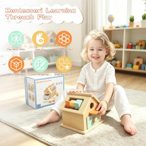 Montessori Toys for 1 Year Old, Toddler Learning Toys, Activity Cube for Toddlers 1-3, 5-in-1 Wooden Toy with Rattle, Shape Sorter, Ball Drop, Cylinder & Token Play, Gift for Boys & Girls - Image 4