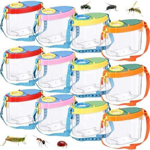 Halloscume 12 Pcs Bug Catcher for Kids Collector Toy Bug Habitat with Magnified Viewer, Insect Habitat, Outdoor Toys, Insect Box Magnifying Tools & Carry Strap - Educational Outdoor Adventure Gift by Halloscume