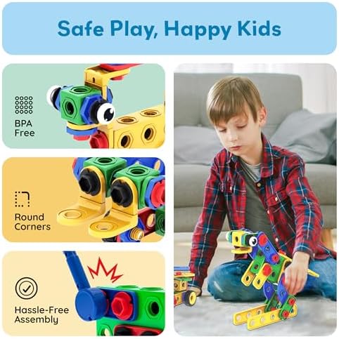 PicassoTiles 201pc STEM Learning Block Construction Kit with Power Drill and Clickable Ratchet Educational Engineering Toy Set Kids Age 3 Plus Preschool Activity Creative Play with Idea Book PTN201 - Image 6