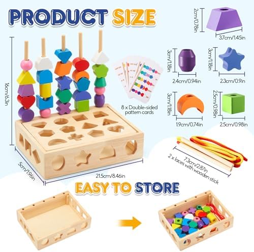 3 in 1 Montessori Wooden Toys, Lacing Beads & Stacking Blocks & Shape Sorter Sequencing Toy Set, STEM Preschool Educational Learning Fine Motor Skills Toys for Toddlers 3 4 5 Years Gifts - Image 2