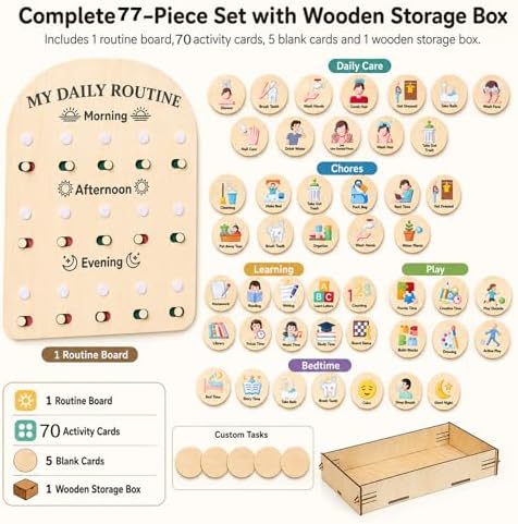 My Daily Routine Chart for Kids with Sliding Checklist – Wooden Visual Schedule Board for 3-5 Years Toddlers, Morning Afternoon Bedtime Activity Chore Chart for Independence Self Discipline - Image 5