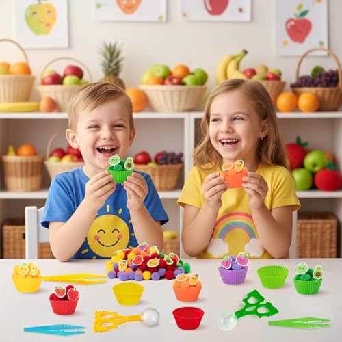 EZdhuawuse Summer Sensory Bin Fillers - 268P Summer Fruit Fine Motor Toys Counting Sorting for Kids, Color Sorting Set with Felt Banana Pom Poms Cup Clip for Preschool Education Birthday Party Favors - Image 3