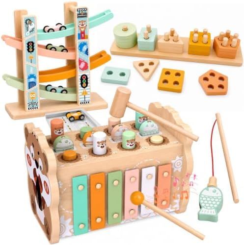 Weilim Montessori Toys for 1 Year Old, 3-in-1 Wooden Hammering & Ramp Toy by Weilim