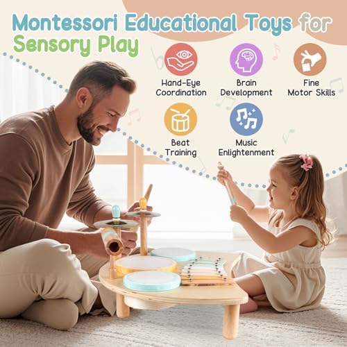 Kids Drum Set, Montessori Toys Wooden Musical Instruments for Baby Toddlers - Image 3