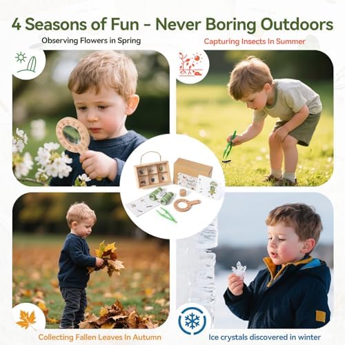 WOODEN TEETHER Kids Outdoor Explorer & Scavenger Hunt Play Set, Nature Exploration Kit with Knot-Tying Board, Binoculars, Compass, Specimen Box & Treasure Cards, STEM Gift for Ages 4–8 - Image 5