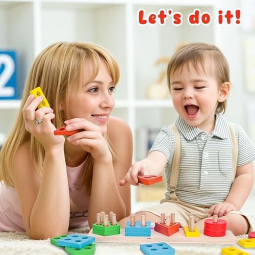 LovesTown Stacking and Sorting Learning Puzzles, Montessori Wooden Sensory Toys for Toddlers, 20 PCS (Pack of 2) - Image 2