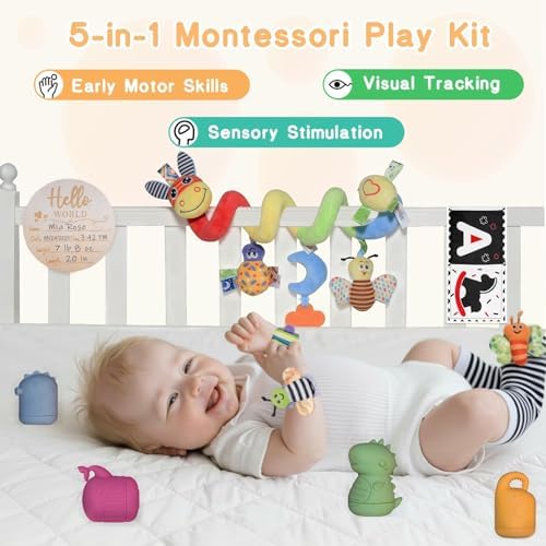 Twefex Wooden Montessori Learning Toy Set, Sensory and Thinking Play Set for Toddlers, 5-in-1 Bath Toys, Cloth Book, Hand and Foot Rattles, and Baby Sensory Toys Soft Hanging - Image 2