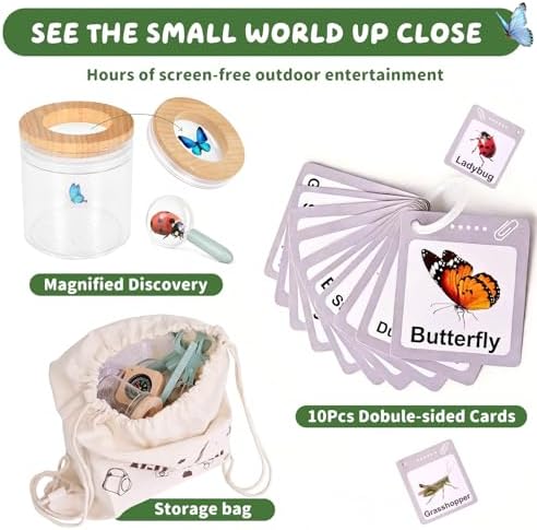 Bug Catcher for Kids, Wooden Bug Catching Outdoor Toys for Ages 4-8, STEM Explorer Activities with Butterfly Net Magnifying Glass Tweezers Insect Habitat Observation Cup Storage Bag Learning Cards - Image 4