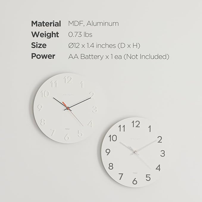 mooas 3D Numbers Modern Wall Clock, 12" Battery Operated, Analog (Cream) - Image 8