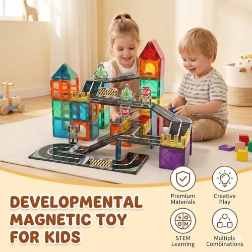 Magnetic Tiles Road Set, 89 PCS Magnetic Building Blocks with Roads - Image 2