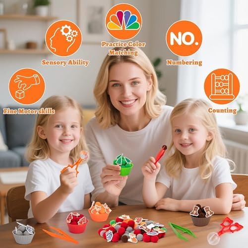 EZdhuawuse Woodland Animals Sensory Bin Fillers - 266Pcs Summer Animals Fine Motor Toys Sorting Stacking Toys for Kids, Felt Fox Bear Pom Poms Cup Clip for Preschool Education Development Activity - Image 6