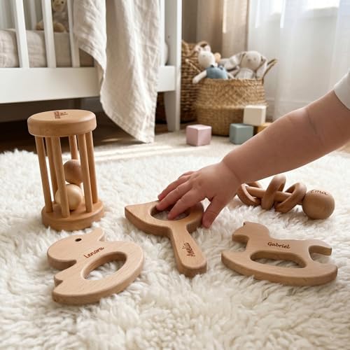 Personalized 5 Pieces Wooden Baby Toys for Babies 0-6-12 Months Rattle, Teethers Customized Wood Teething Toys Gifts for Baby, Teething Toys Baby Rattles 0-6 Months Montessori Toys for Babies - Image 5