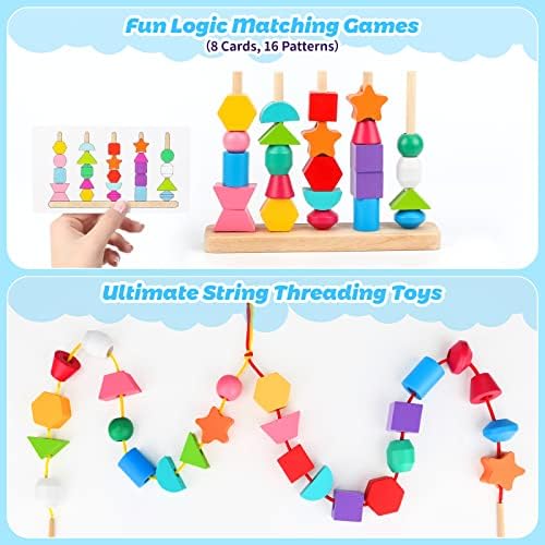 Montessori Wooden Beads Sequencing Toy Set, Stacking Blocks & Lacing Beads & Matching Shape Stacker, Montessori Toys for 3 4 5 Year Old STEM Preschool Learning Toys Gifts for Kids Boy Girl Toddler - Image 3