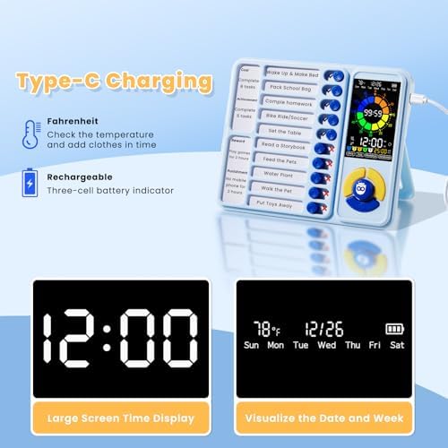 Mooking 5-in-1 Visual Timer, ADHD Tool for Kids|Adults, Visual Schedule for Kids with Autism, 12/24 Task Timer & Chore Chart Board, ADHD Tools with Daily Checklist for Home, School, Classroom - Blue - Image 3