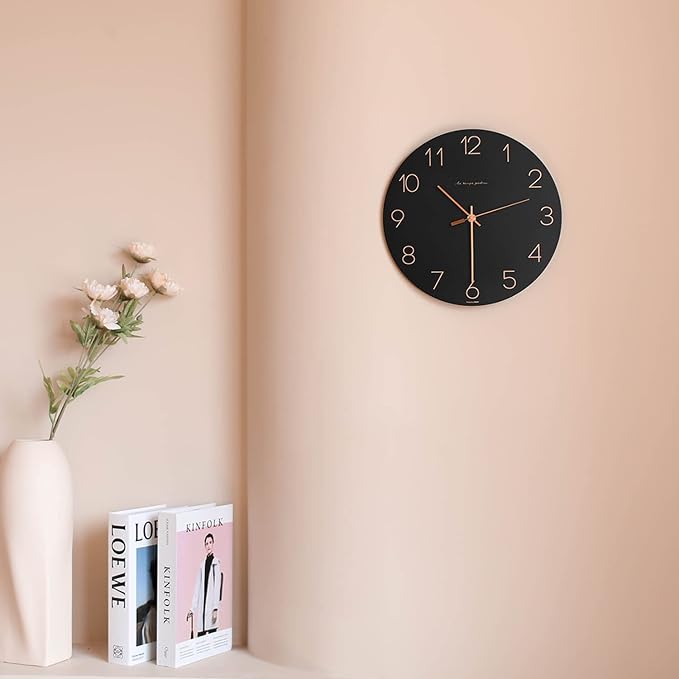 mooas Flatwood Wall Clock (Black),12" Non-Ticking Sweep Movement - Image 5