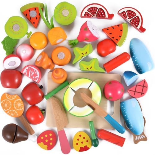 WHOHOLL 45 Pcs Wooden Play Food Cutting Toys for Kids Kitchen, Pretend Fruit and Vegetable Set with Storage Bucket, Play Kitchen Accessories Birthday Gift for Boys Girls Ages 3 4 5 6 - Image 5