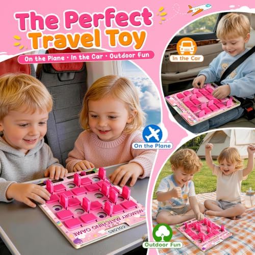 Matching Memory Game for Kids Ages 3 4 5 6 Year Old, Travel Toy for Boys Girls, Wooden Board Game, Road Trip Essentials for Toddler, Airplane Car Camping Activity, Ideal Christmas Birthday Gifts, Pink - Image 2