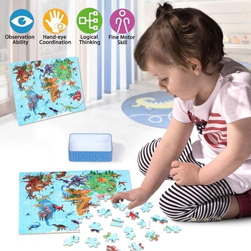 LELEMON Puzzles for Kids Ages 4-6,Dinosaur Map 100 Piece Puzzles for Kids Ages 6-8 in a Metal Box,Educational Jigsaw Puzzles,Childrens 100 Piece Puzzle Games Puzzle Toys for Girls and Boys - Image 3