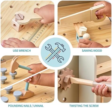 medoga Kids Tool Bench,Wooden Play Tools Set with Kids Tool Belt Workbench Pretend Construction Tools Set Wooden Toy Drill Gift for Boys & Girls Age 3-12 - Image 4