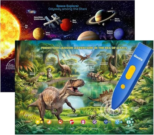 Bilingual Interactive for Kids Talking Dinosaur & Space Poster for Kids Learning and Educational Toys,Talking Educational Dinosaur Toy for Ages 3 to 12 Years Old,Space Theme Wall Decor for Preschool by Qiaojoy