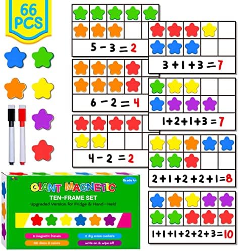 Magnetic Ten-Frame Set, 6 Frames & 66 Colorful Star-Shaped Counters Ten Frame Math Games Manipulative Counting Toys for Kindergarten Preschool, 6 Colors & 2 Markers (Fridge & Hand-held) by SpriteGru