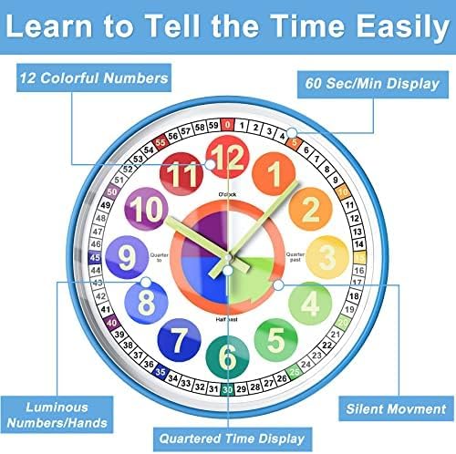 Learning Clock for Kids, Glow in The Dark Wall Clock for Bedroom, 12 Inch Silent Night Light Kids Wall Clock, Colorful Illuminated Telling Time Teaching Clock,Kids Room Decor - Image 3