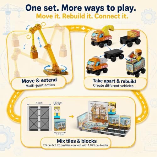burgkidz Magnetic Tiles Construction Set – Engineering Blocks with Crane, 2 Detachable Vehicles (Build on Chassis), Ramp & Slide, Play Mat & Bag – STEM Toy for Ages 3-8 (47PCS, Premium ABS) - Image 4