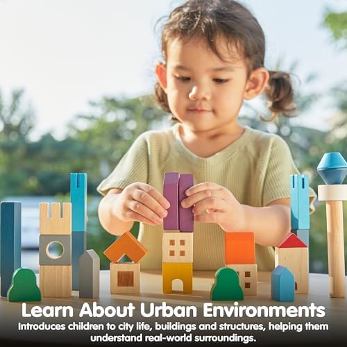 PlanToys® Cityscape Blocks Wooden Montessori Building Imaginative Kids Set - Image 6