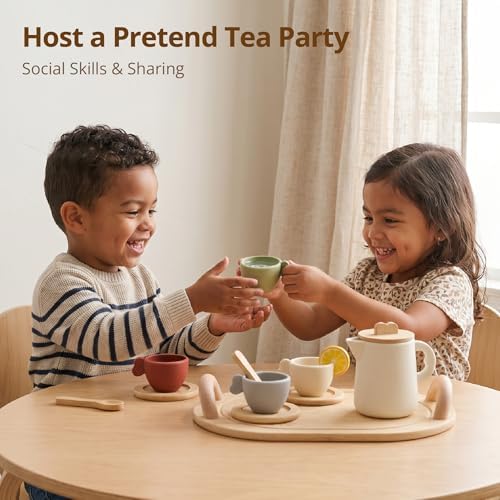Youuys Wooden Tea Party Set for Toddler 3-5,Kids Tea Sets for Little Girls 4-6, 14pcs Silicone Kitchen Accessories, Pretend Play Montessori Toys with Tray for 3 4 5 6 Year Old Birthday - Image 6