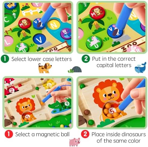 Magnetic Maze 2 in 1 Double Side Color and Number Maze Alphabet Puzzle Board for 3-5 Boys and Girls Kids Montessori Educational Toys (Zoo, One Size) - Image 3