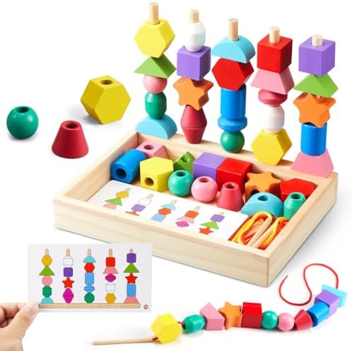 Montessori Wooden Toys, Lacing Beads & Stacking Block & Matching Shape Stacker, Montessori Wooden Beads Sequencing Toy Set, STEM Preschool Learning Toy Birthday Gift for 2 3 4 Year Old Toddler Gifts by ZgimiPartyHome