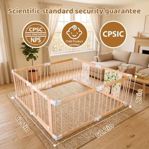 Foldable Wooden Baby Playpen with Locking Gate, Adjustable Baby Playard for Babies and Toddlers, Portable Collapsible Wooden Activity Center for Indoor Use - Image 3