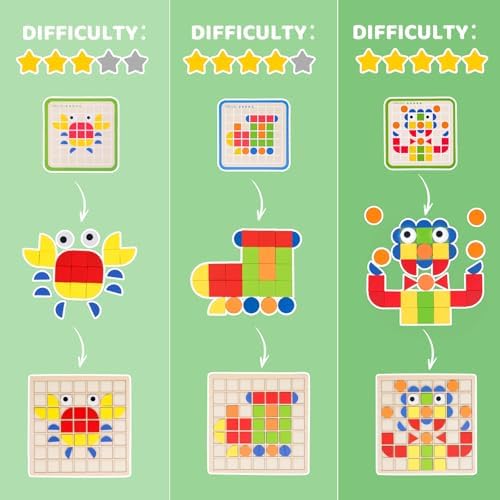 Wooden Pattern Blocks with Grid Board 142PCS Wood Mosaic Tiles Montessori Shape Puzzle Tangrams for Kids with Storage Bag Preschool Educational Toys for Boys Girls Ages 3+ - Image 5