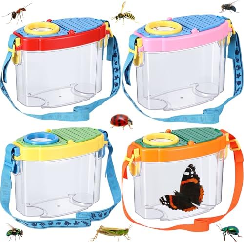 Halloscume 4 Pcs Bug Catcher for Kids Collector Toy Bug Habitat with Magnified Viewer, Insect Habitat, Outdoor Toys, Insect Box Magnifying Tools & Carry Strap - Educational Outdoor Adventure Gift by Halloscume