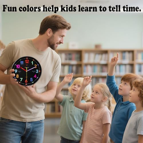 Colorful Teaching Wall Clock, 8 Inch Learning Classroom Clock, Battery Operated Silent Analog Clocks for Bedroom Classroom Decor, Homeschool Supplies Telling Time Teaching Clocks for Kids - Image 6