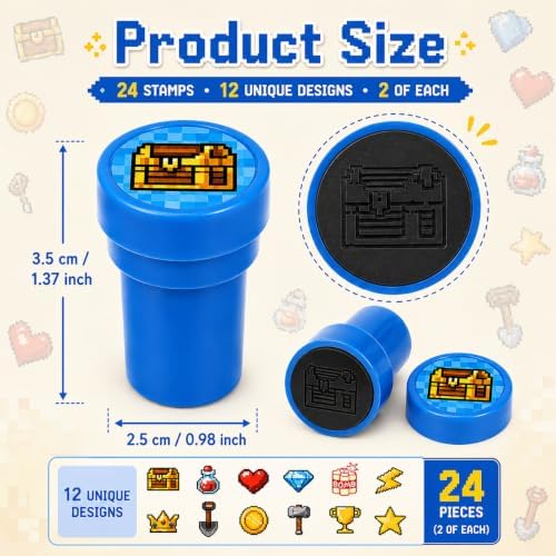 Cinrobiye 24 Pcs Pixel Stampers Party Favor Set, Cute Pixel Art Stamps for Kids Birthday Party, Classroom Rewards, Gaming Themed Party Supplies, Goody Bag Fillers, Retro Pixel Toys - Image 2