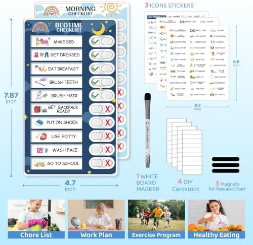 2 in 1 Bedtime/Morning Routine Chart for Kids Toddlers, Magnetic Chore Chart for Kids, Cute Visual Schedule for Kids Schedule Board for Home, Kids Checklist to Do List ADHD Tools for Kids - Image 6