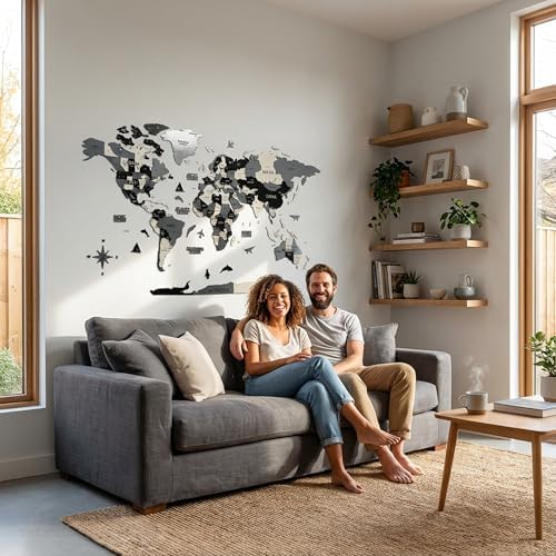 Colorfull Worlds 3D Wooden World Wall Art | Unique Wall Decor with Pins for Travel Enthusiasts | Home and Office Wall Décor | Grey | Large - Image 3
