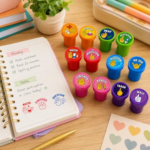 Cinrobiye 24 Pcs Hand Signal Stampers for Kids, Cute Classroom Communication Stamps, Teacher Tools, Classroom Rewards, Behavior Management, Party Favors, Goodie Bag Fillers, Small Toys - Image 4