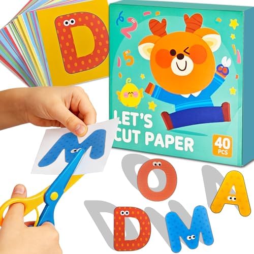 Safety Scissors for Kids Ages 2-4 with 40 Colored Cardstock Paper Templates, Safety Scissors for Kids Ages 2-4, Toddler Scissor Skills Activity Book, Toddler Scissor Skills, Colored Cardstock Paper by NightingaleVilla