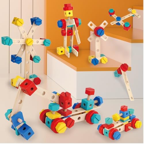 LOVELAND Wooden Take-Apart STEM Toy, 43-Piece Nut & Bolt Construction Set with Wooden Screwdriver & Wrench, Build Airplanes Helicopters Race Cars, Montessori Engineering Gift Ages 3-5 - Image 6