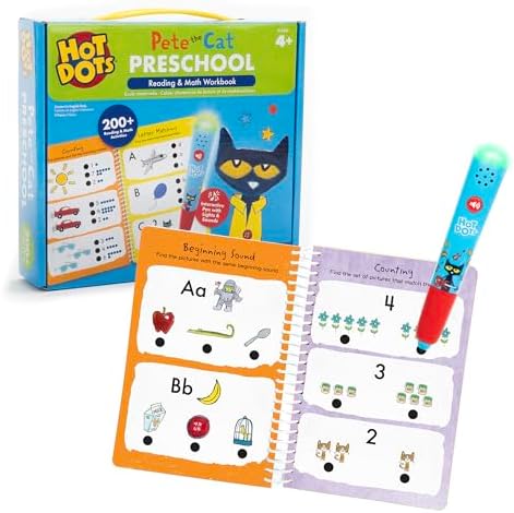Educational Insights Hot Dots Pete The Cat Preschool Reading & Math Workbook - Preschool Workbooks with Interactive Pen, Homeschool Learning Books, Build Toddler Reading & Math Skills, Ages 4+ by EducationalInsights