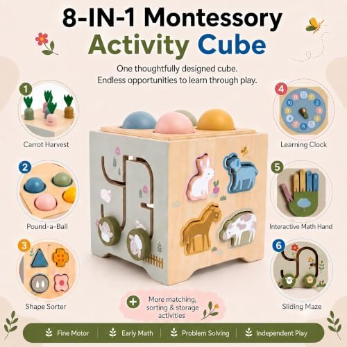 JSONS Montessori Toys for 1 Year Old, 8-in-1 Wooden Activity Cube, Learning Toy with Shape Sorter - Image 2