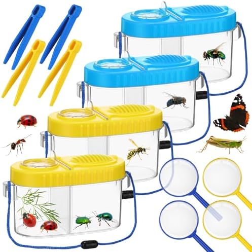 Halloscume 4 Sets Bug Collection Kit for Kids, Explorer Outdoor Kit with Bug Containers for Insects, Magnifying Glass, Tweezers, Nature Exploration Gift Toy for Girls Boys(2 Colors) by Halloscume
