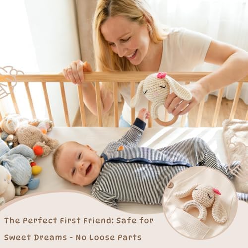 Moyii Handmade Crochet Baby Rattle Toy, 100% Organic Cotton Amigurumi Animal with Natural Beech Wood Teether Ring, Soft Sensory Newborn Toy, Montessori Nursery Gift for Boys & Girls - Image 5