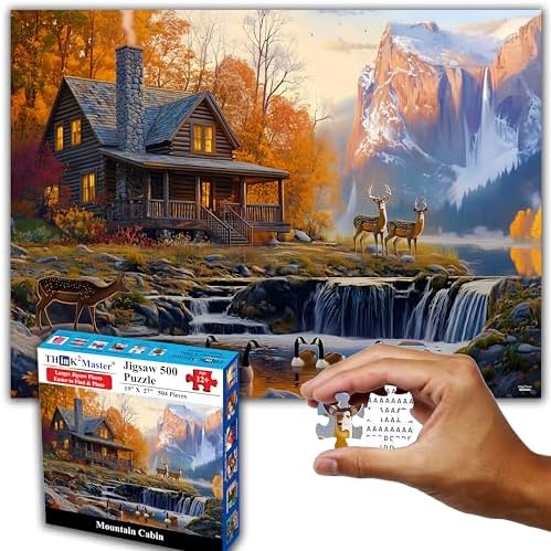 Think2Master Cabin by the Falls 500 Pieces Large Format Jigsaw Puzzle: 13+, Teens, Adults & Families. Scenic Autumn Mountain Landscape with Log Cabin, Waterfall. Great Gift. Size: 26.8” X 18.9” by Think2Master