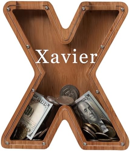 Personalized 12" Extra Large Wooden Letter Piggy Bank for Kids Boys Girls, (Laser Engraved Name) Custom Initial Letter Shape Piggy Bank, Alphabet Coin Bank Grandchildren Birthday by Ladenk